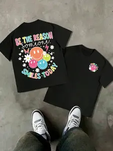 Trendy Smiley Face Graphic T-Shirt - Preppy Aesthetic Soft Cotton Tee with Lightning Bolt Smiles, Dopamine Dressing Casual Loose Fit Shirt for School & Daily Wear, Vibrant Multi-Color Quote Top