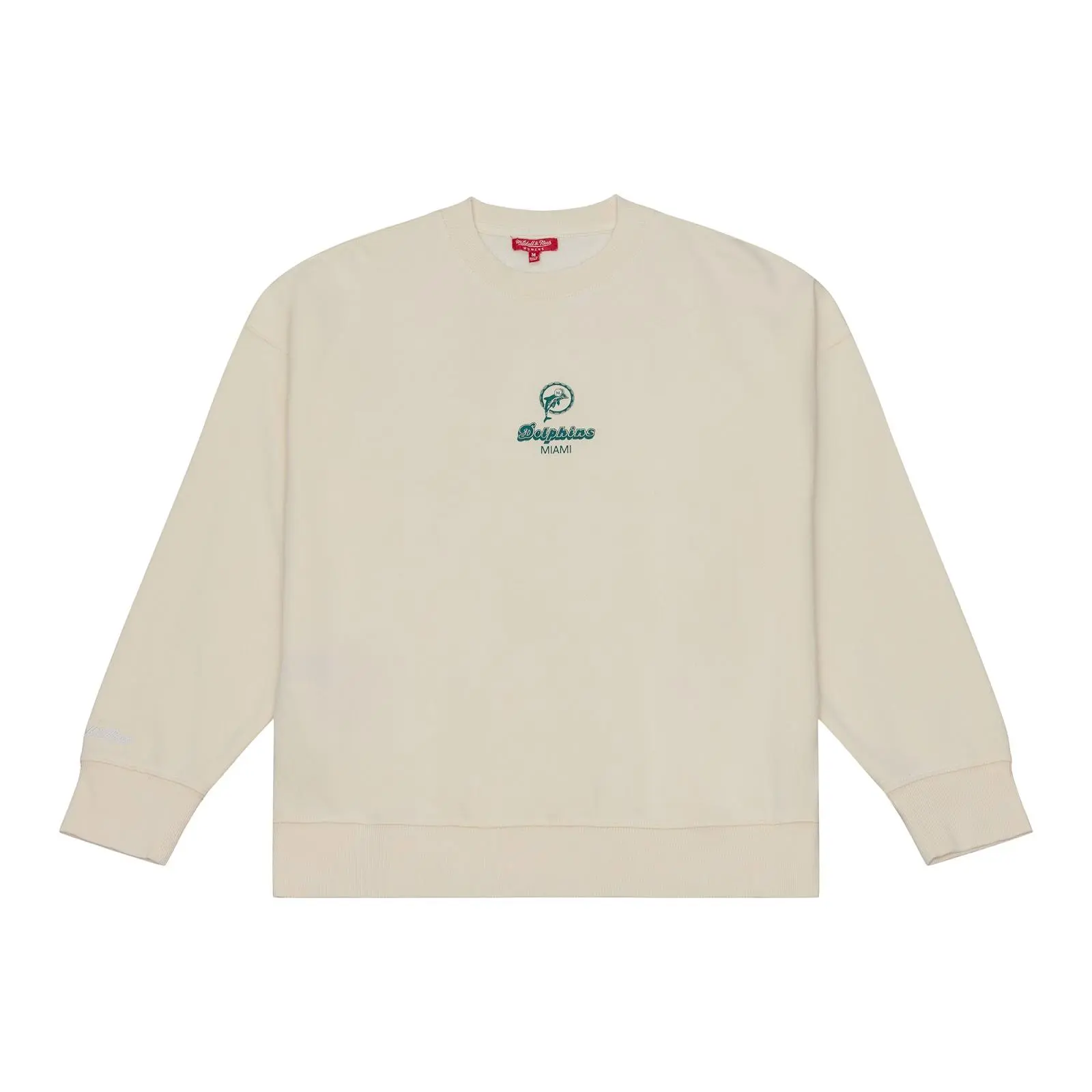 Women's Miami Dolphins Cream Core Essentials Lightweight Sweatshirt NFL Throwback Crewneck Vintage Fan Gear Mitchell & Ness