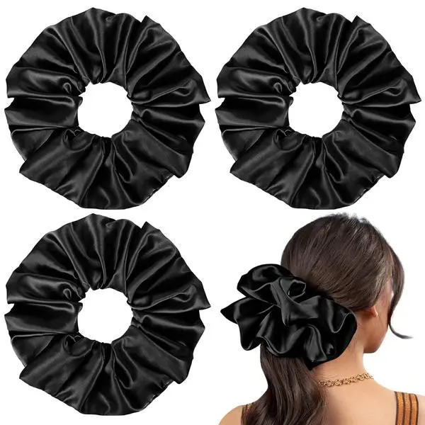9.5 inch Silk Scrunchies - Jumbo & Giant Satin Scrunchies - Thick Elastic Fluffy Hair Ties for Women & Girls - 3 Pack (Black, Pink, Ivory)