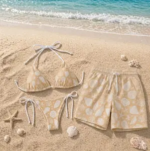 [Hot Summer 2026 Matching Set] Matching Seashell Bikini Set & Swim Shorts – Coastal Beach Swimwear, Neutral Ocean Couple Outfit, Summer Vacation Swimwear