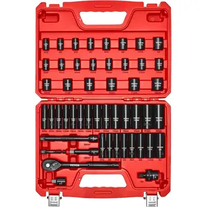 50 Piece Impact Socket Set 3/8 Inch Drive, SAE 5/16-3/4 Inch & Metric 8-22mm, Deep Shallow 6 Point Sockets with Extension Bars Universal Joint Hex Shank Adapter