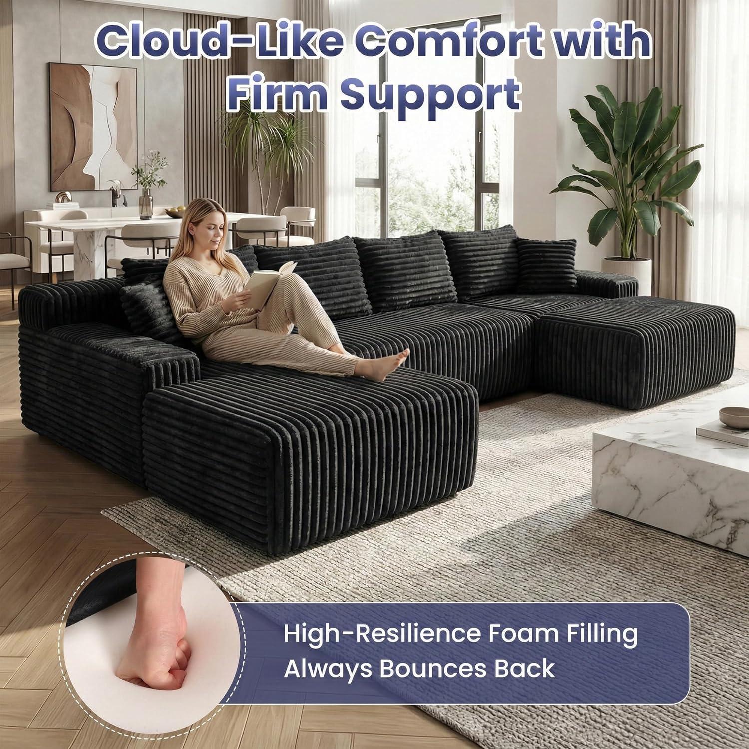 winzoo couch 126" Cloud Sectional Couch for Living Room, Oversized 6 Seat Convertible Modular Sectional Sofa Bed with High Back Ottoman, Plush Corduroy U Shaped Boneless Couch Compression Sofas, Grey