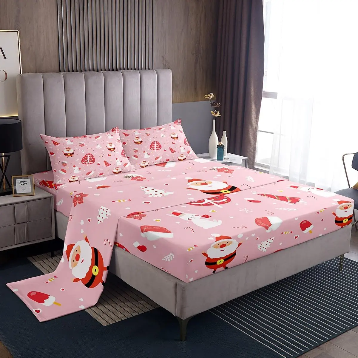 Feelyou Blush Pink Christmas Animal Character Bedding Set - Cute Rabbit Pattern, Girly, Soft, Quick-Drying, Breathable Durable Sheets, Set Includes Bedsheets, Home Sleep Decor for Kids’ Bedrooms, Bedsheet Sets