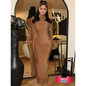 Glitter Mock Neck Long Sleeve Bodycon Dresses for Women, Elegant Slim-fitting Backless Long Dress for Party Club Dating Wear,  Birthday Dresses 2024, Women Dress for Spring Fall