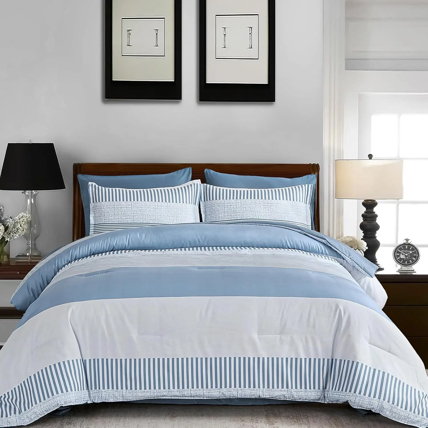 Full Size Comforter Blue Striped Comforters for Boys & Girls,7 Pieces Bed in A Bag Simple Neutral-Style Bedding Sets for  Teen