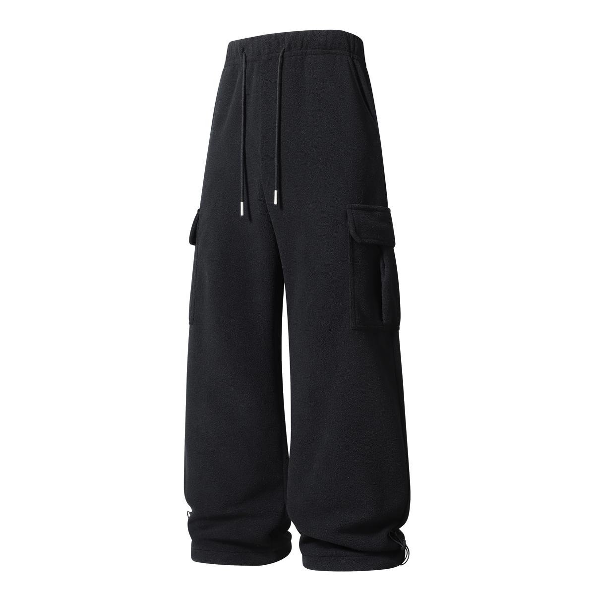 Men's Soft Fleece Cargo Sweatpants - Menswear Simple Full-Length Straight Casual Wear Pants, Adjustable Drawstring Elastic Waist, Multi-Pocket Loose Fit, Toggle Cuffs, Warm Streetwear Bottoms for Fall Winter Daily Use