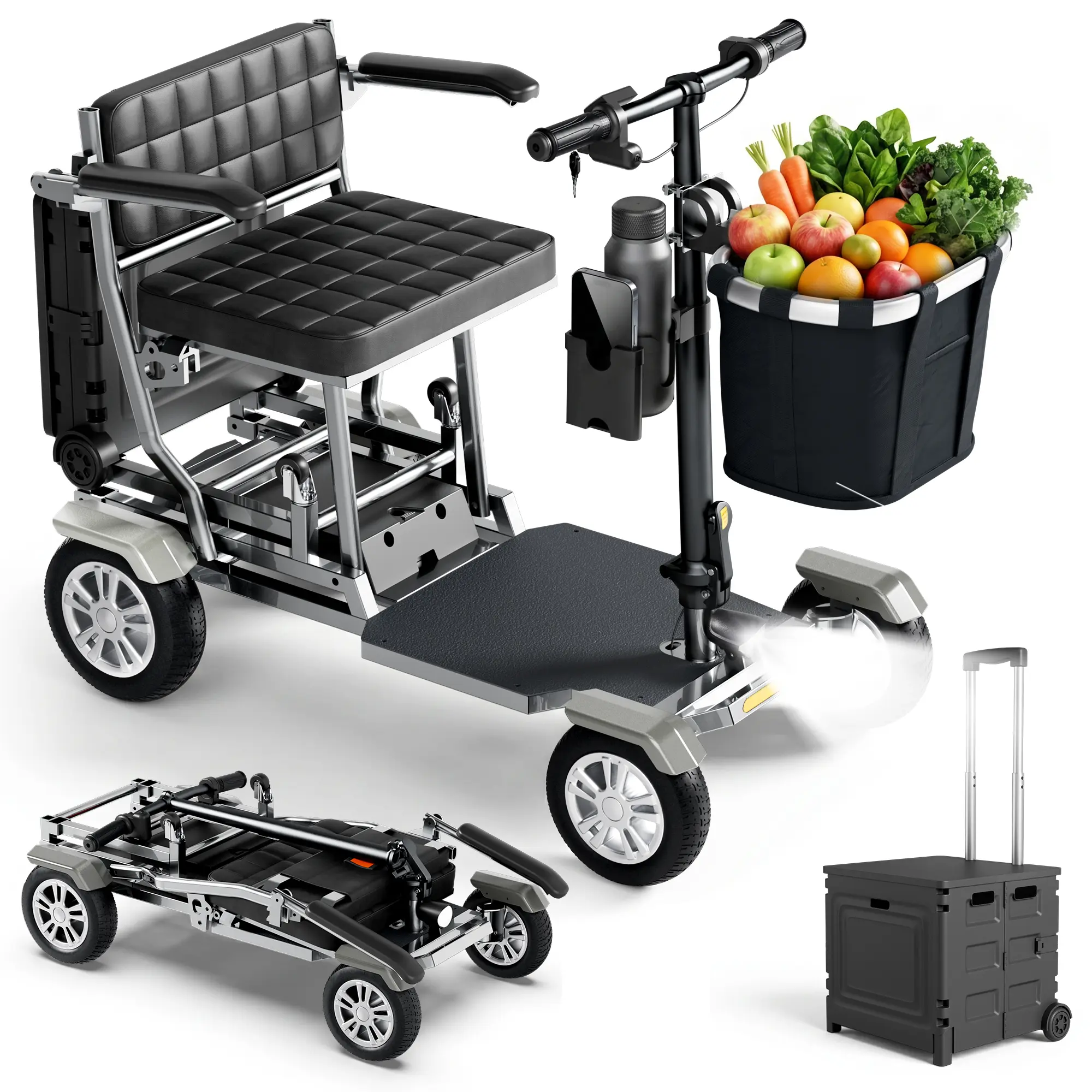 Lightweight Foldable 4-Wheel Mobility Scooter for Seniors Adults, Aluminum Frame Motorized Scooter with Storage Crate & Basket, 450W Brushless Motor, LED Lights, 25 Miles Range, 400 LBS Weight Capacity