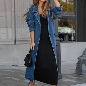 Women'S Vintage Long Jean Jacket Temperament Loose Fit Double Breasted Denim Jacket Lapel Trench Coat With Belt Woman Clothing Womenswear Outerwear Can be used with a raincoat