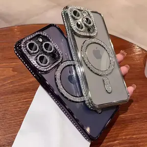 New Fashion Glitter Diamond Transparent Case For iPhone 17Air 17 16 15 14 13 12Pro Max 16 Plus Magnetic Wireless Charge Bumper Cover
