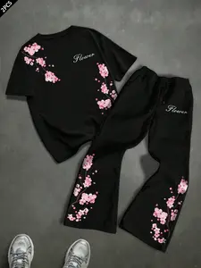 Men's T-Shirt and Pants Set, Cherry Blossom Print, Outdoor, Vacation, Picnic, Party, Casual, Student, College Style, American Vintage Streetwear