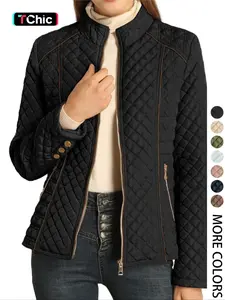 Women's Solid Pocket Zip Up Quilted Winter Coat, Casual Long Sleeve Outerwear for Fall & Winter, Women's Clothing for Daily Wear