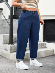 Women's Plus Size Washed Denim Nine-Quarter Pants, Turn-Up Cuff Design, Casual Fashion, Comfortable Fit, Perfect for Everyday Wear