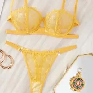 Women's Plus Size 2-Piece Lingerie Set - Steel-Ringed Sports Bra, Sexy Mesh Sheer Lace Underwear Womenswear Elegance Elegant Everyday Style Yellow