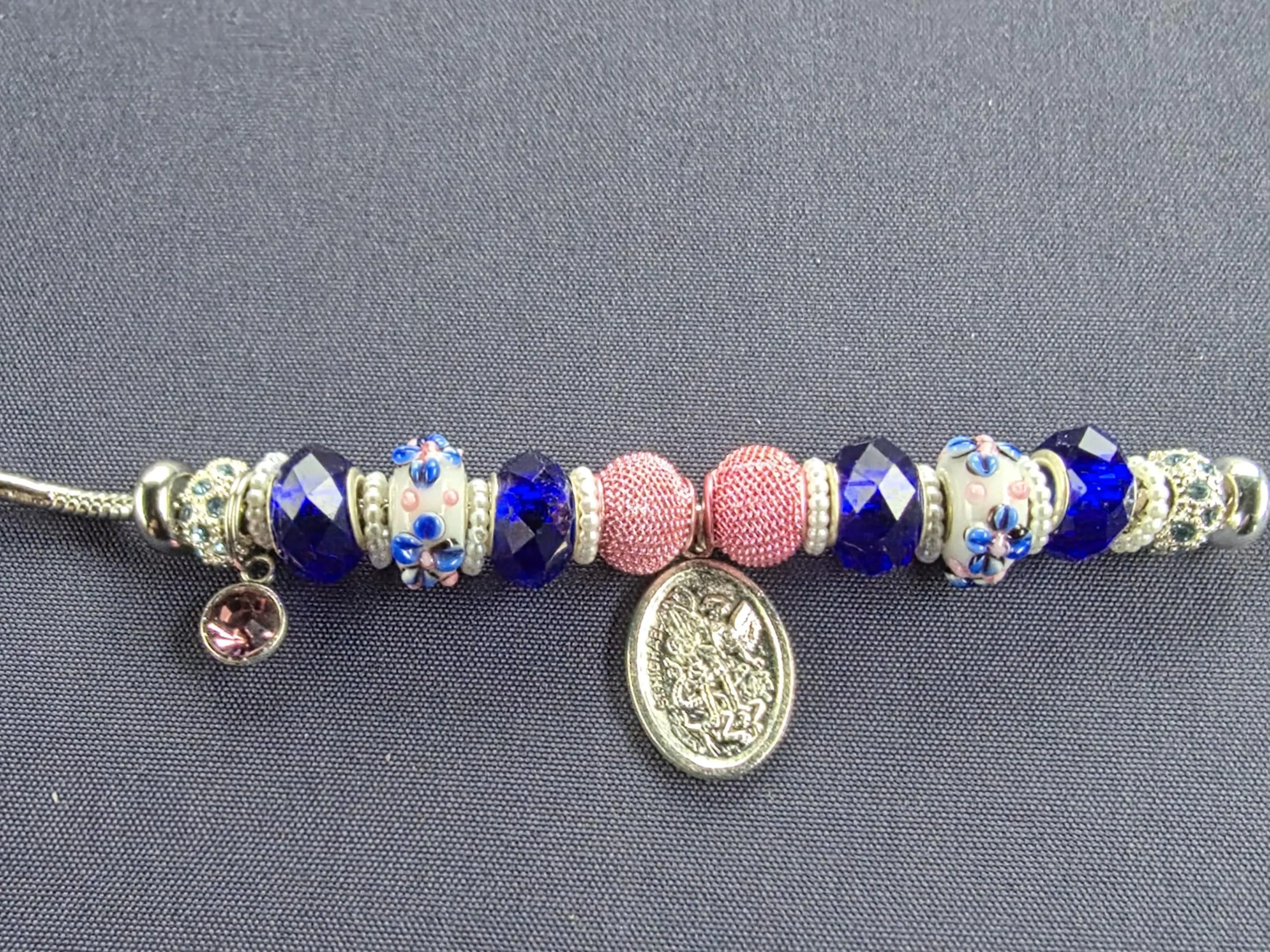 Saint Michael Protection Adjustable Bracelet Handmade Limited Edition with Blue Faceted Beads & Pink Textured Accents
