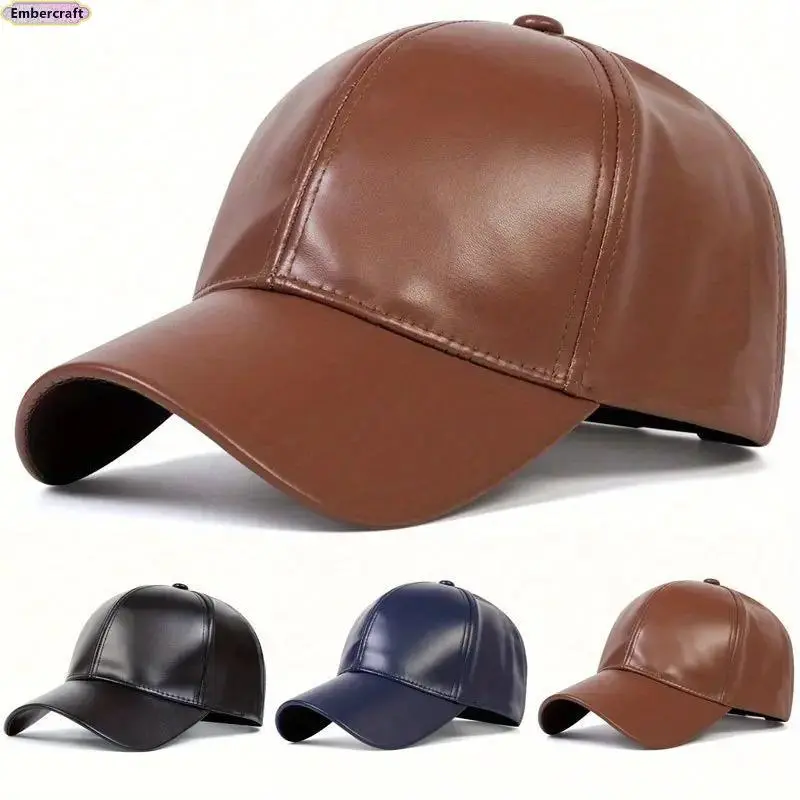 Men's Smooth PU Leather Baseball Cap, Classic Plain Adjustable Hat for Outdoor Sports, Daily Wear and Sun Protection, Classic Baseball Cap, Dad Cap