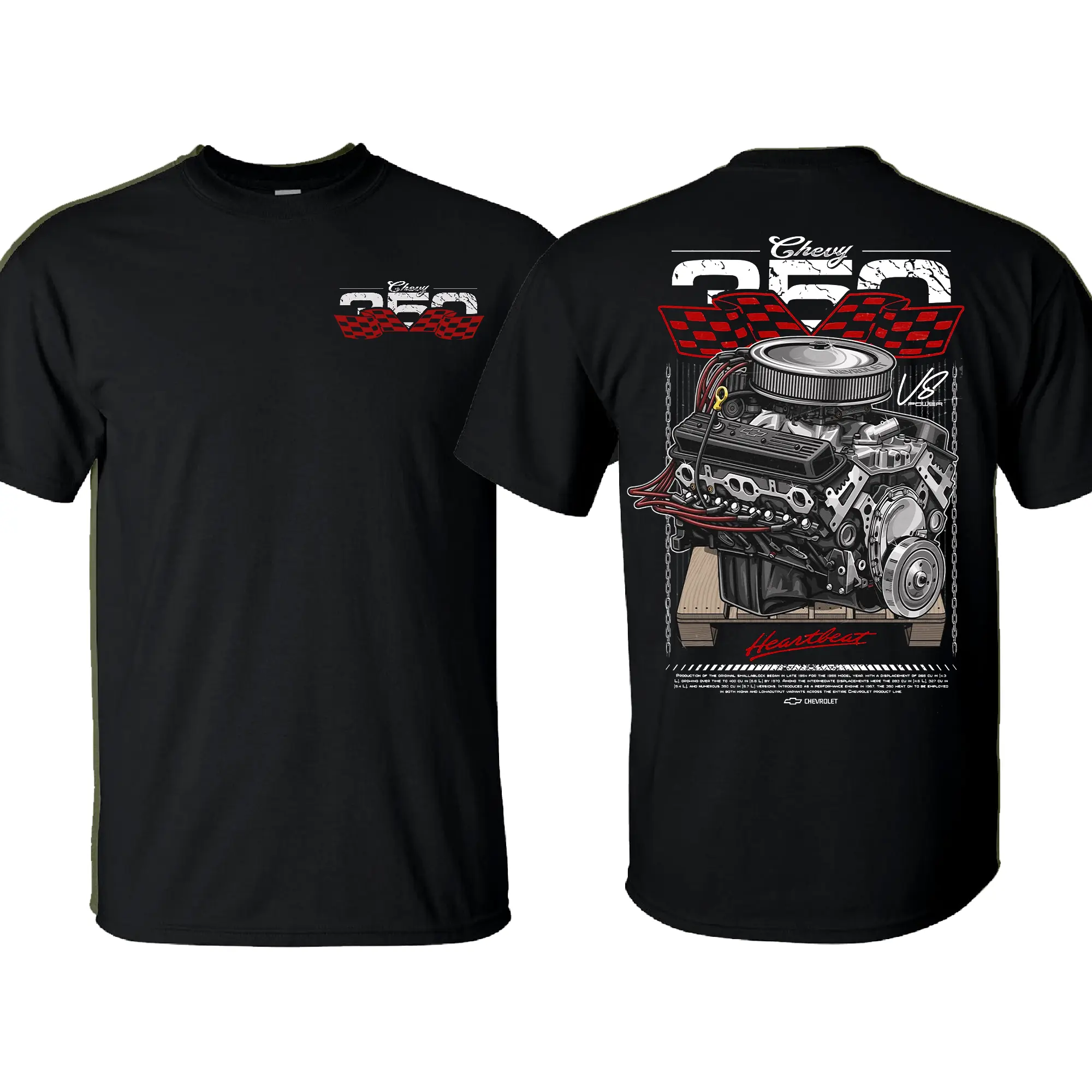 Men's Chevy 350 V8 Engine Graphic T-Shirt - Premium Organic 100% Cotton Menswear, Casual Wear, Breathable Fabric, Relaxed Regular Fit, S-5XL, Made in USA Sports Top, Relaxed Fit