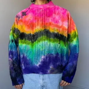 Womens L Black Striped Rainbow sweater cable knit cardigan wool pullover