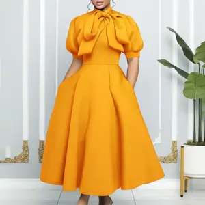 Summer Autumn Clothes Elegant Party Dresses for Woman  Luxury Bow Collar Short Sleeve High Waisted A Line Pleated Ankle Length Birthday Party Robe