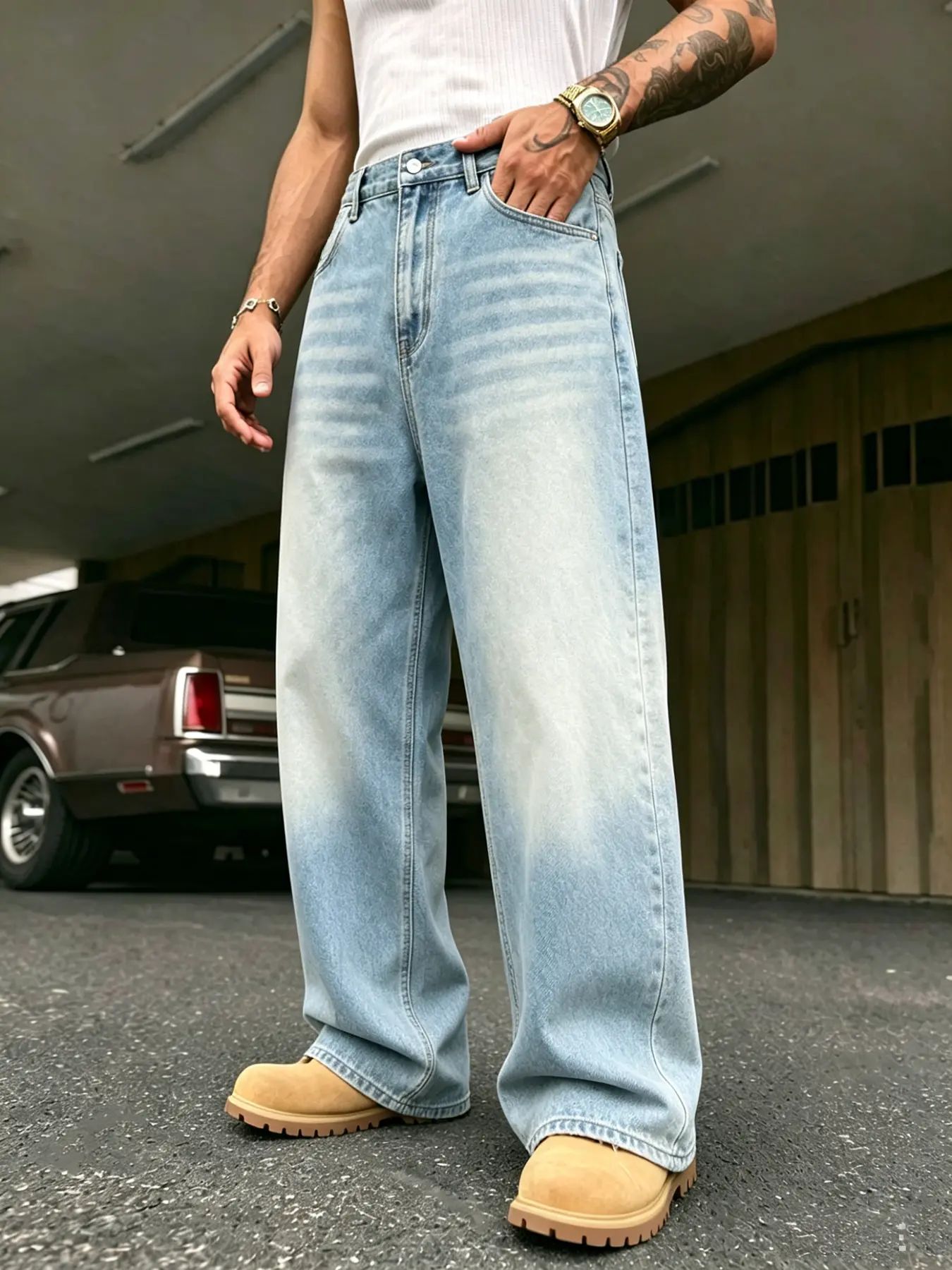 Men's Denim Wide-Leg Loose Jeans for Thick Thighs - Retro Style, 90s Vintage Light Blue Washed, Elegant Menswear Streetwear Trousers (Skater Pants Alternative, Clean Aesthetic), 90S Vintage Wash Men's Jeans, Baggy, Pocket, Chic, Preppy, Button Front, Wedd