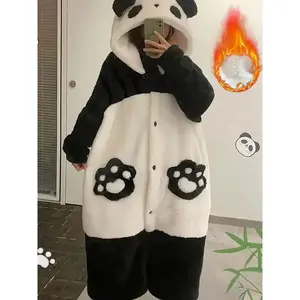[1pcCozyPandaHoodedRobe]1pcAdultPandaHoodedRobe-Fall/WinterCartoonPrintPolyesterNightDresswithLongSleeves,Zipper,andSlightStretch-CozyPlushCosplayCostumeforHalloween,Christmas,andPartyWear