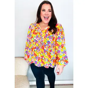 Chasing Dreams Ribbon Tie Bow Babydoll Puff Elastic Sleeve Floral Top