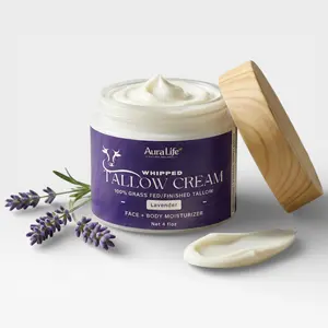 AuraLife! Whipped Tallow Cream - Lavender, Natural Moisturizer for Face & Body, Organic Grass-Fed Beef Tallow, Deep Hydration, Gentle on Sensitive Skin, 4oz Jar