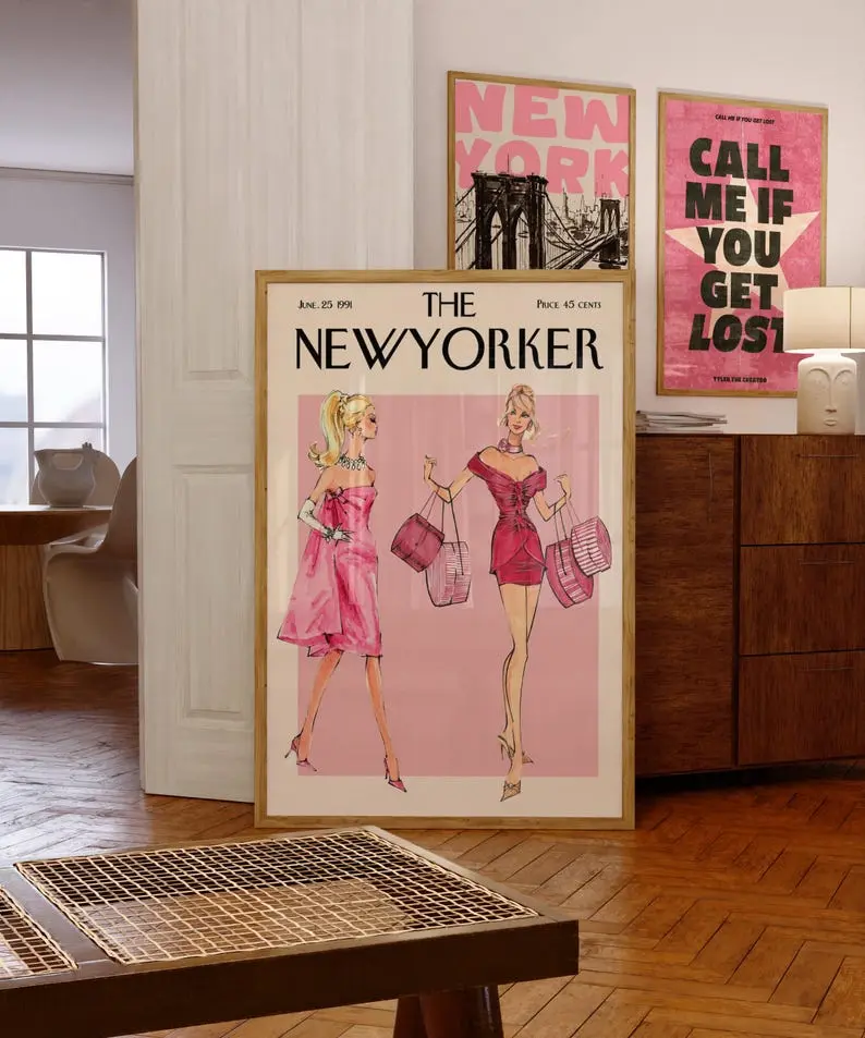 The New Yorker Fashion Print, Pink Barbie Inspired Wall Art, Chic Fashion Illustration Poster, Glam Girl Room Decor