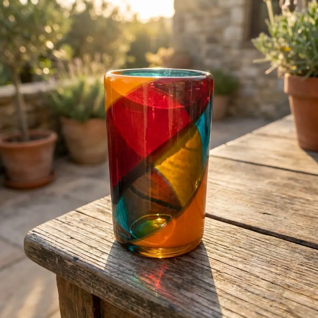 Handmade Glassblown Tumbler Set - Smooth Assorted Colored Glassblown Form Glasses (Blue, Red, Orange) with Artisan Design, Everyday Birthday Drinkware, Hand Wash Only, Microwave Safe for Dining Table Water/Juice Serving, Indoor