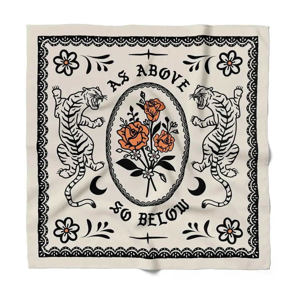 As Above So Below Tiger Floral Bandana, Edgy Cottagegoth Aesthetic Hair Scarf and Vintage Tattoo Headband