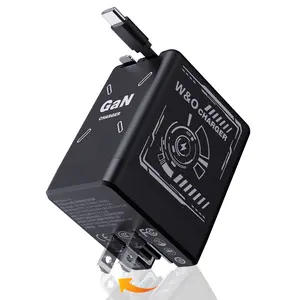 GaN Tech Compatible with 120W 2-in-1 Fast Charger with Retractable Type-C + Lightning Cable, Compact Foldable Charging Block for iPhone, iPad, MacBook, Galaxy & Multi-Device Charging Black Cellphone