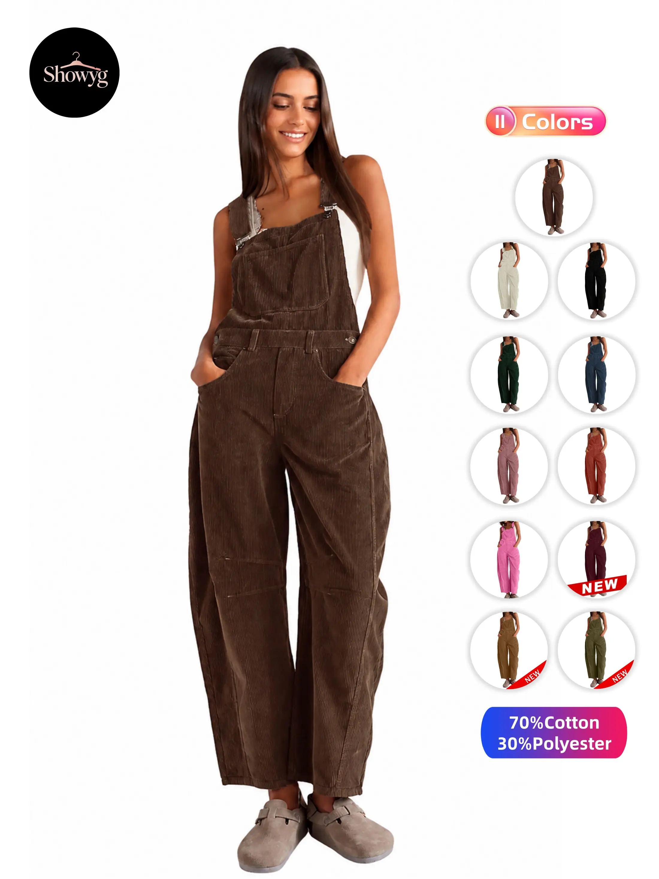 Showyg Women's Corduroy Barrel Wide‑Leg Overalls, Sleeveless Adjustable Strap Jumpsuit With Multi Pockets for Fall Winter Casual Wear
