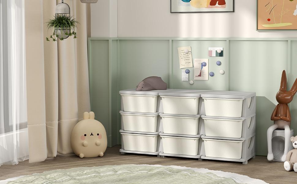 Qaba 3 Tier Kids Storage Unit with 3-9 Drawers Chest Toy Organizer Plastic Bins for Kids Bedroom Nursery Living Room for Boys Girls Toddlers