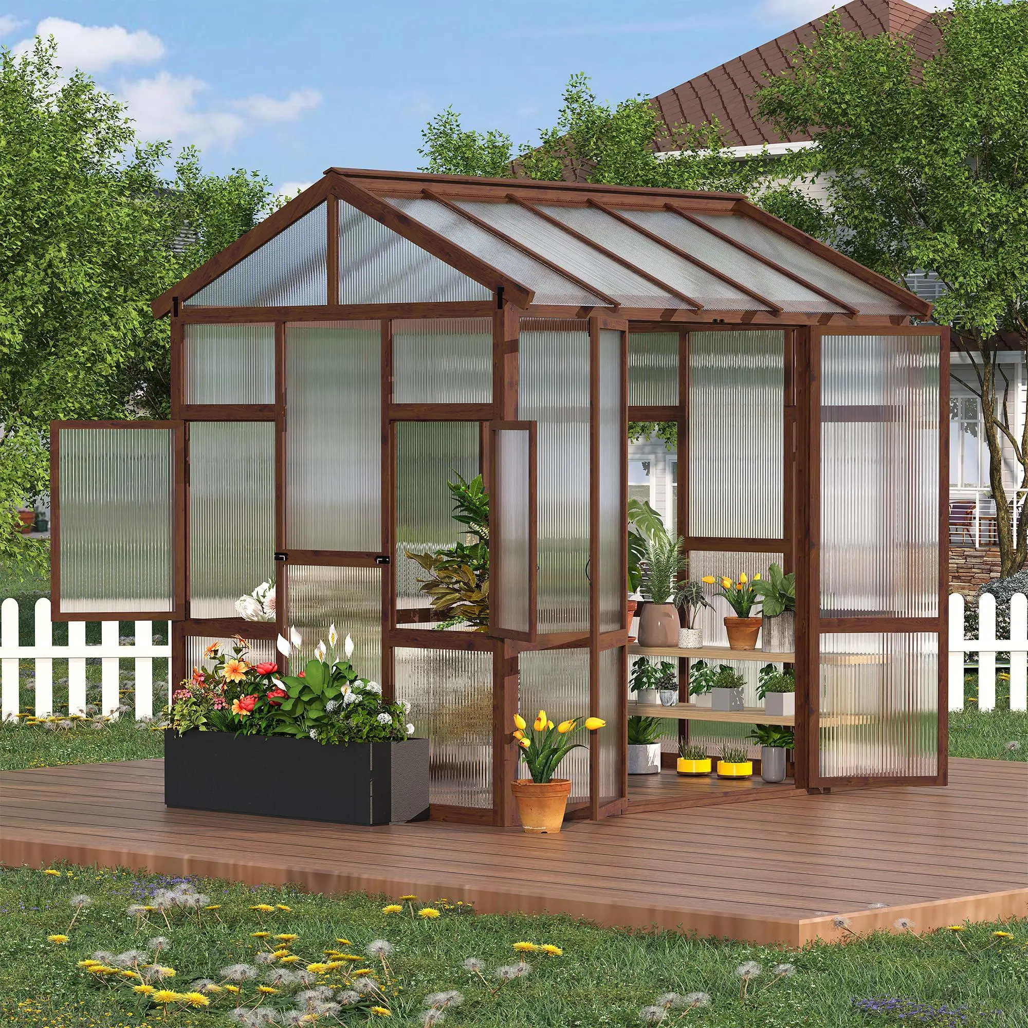 Heavy-Duty 6x8 ft Walk-In Wooden Garden Greenhouse Kit - 6mm Translucent Polycarbonate Panels, Ventilated Window, Lockable Aluminium Door for Outdoor Backyard Convenient Access & Healthy Plant Growth