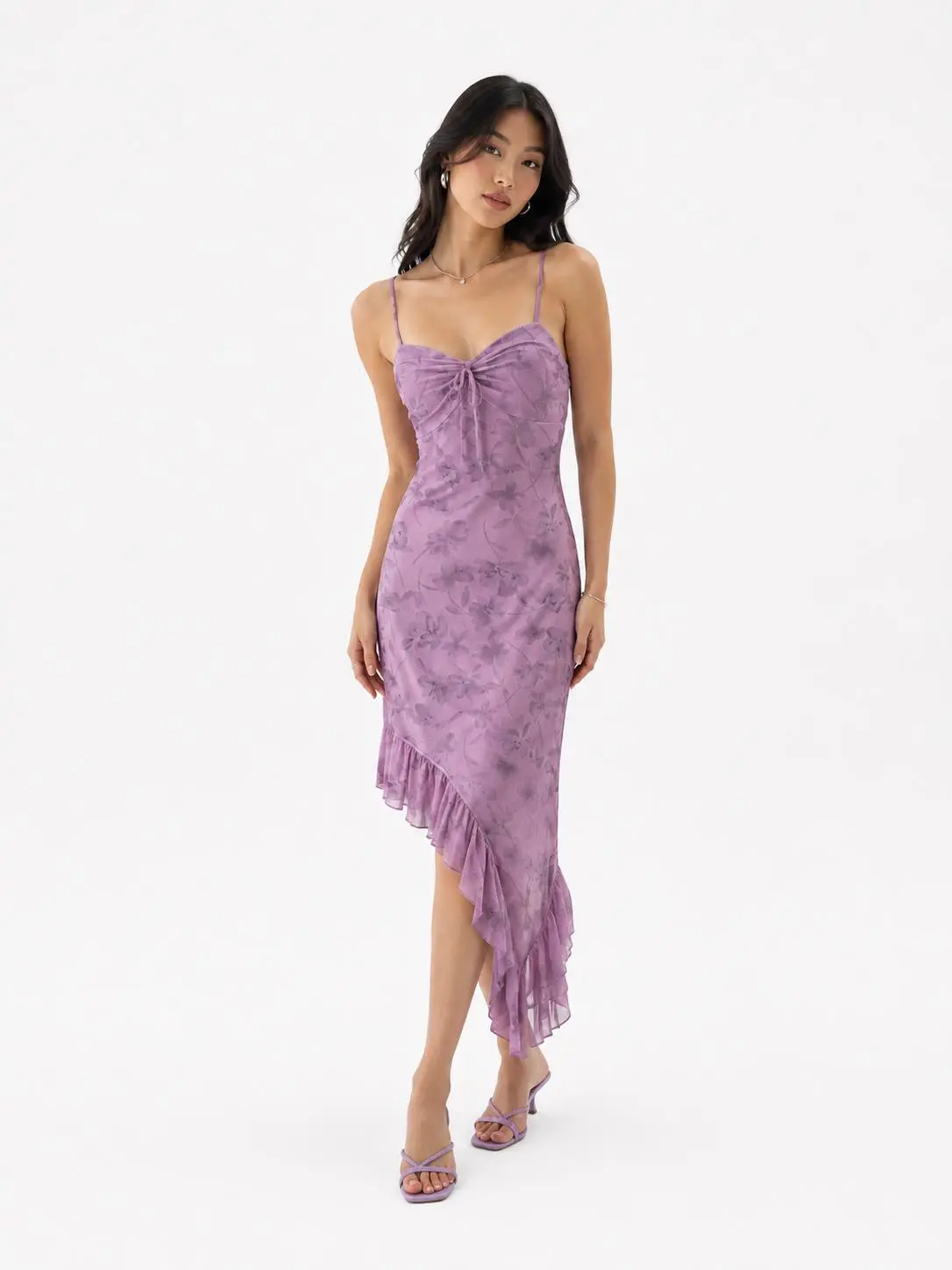 Soft Floral Mesh Dress Lilac Purple Spaghetti Strap Asymmetric Ruffle Hem Midi