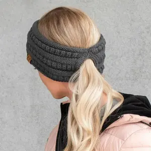 CC Lined Pony Head Band Warm Fleece Cable Knit for Women