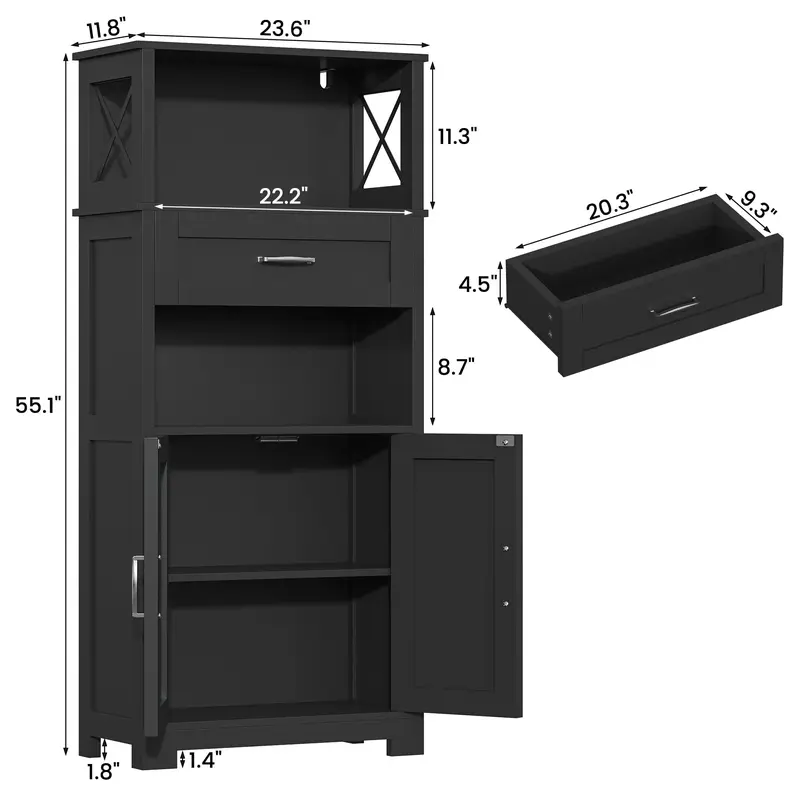 Farmhouse Wood Cabinet Kitchen Furniture - 55in Sturdy MDF Upright Kitchen Cupboard, Coffee Bar, Solid Floor Base, 5-Tier Storage, 2 Barn Doors, 1 Drawer, Adjustable Shelves, Anti-Tip Safety, Quick Assembly (12in D x 24in W x 55in H)
