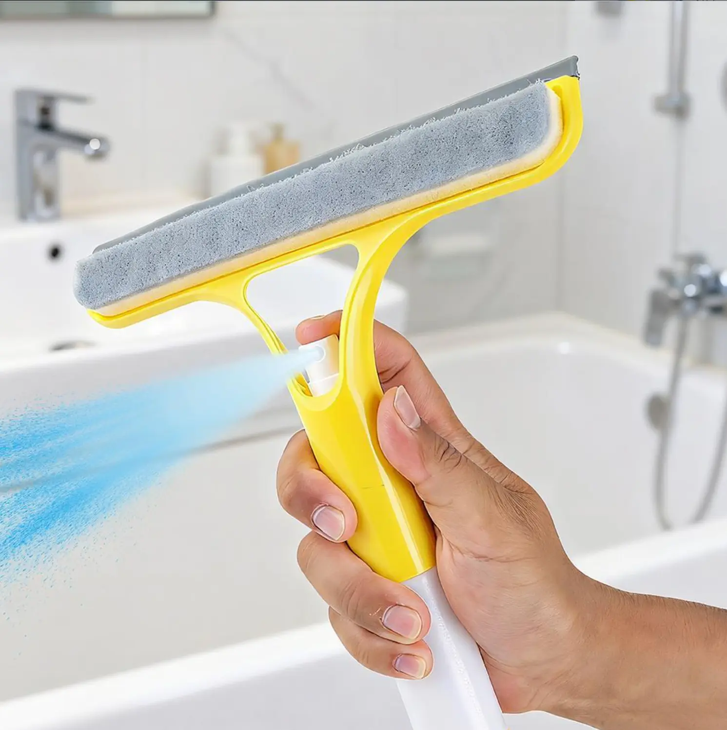 3 in 1 Shower Squeegee for Glass Doors, Window Cleaner with Built-In Spray Bottle, Silicone Blade and Microfiber Wipe for Home and Car