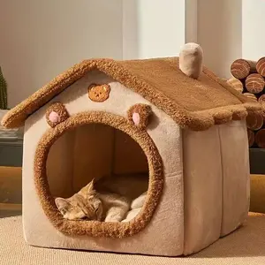 Cozy Cat House Bed with Removable Cushion - Warm Soft Plush Indoor Pet Cave for Small Dogs & Cats - Foldable & Washable Calming Pet Tent multi-layer