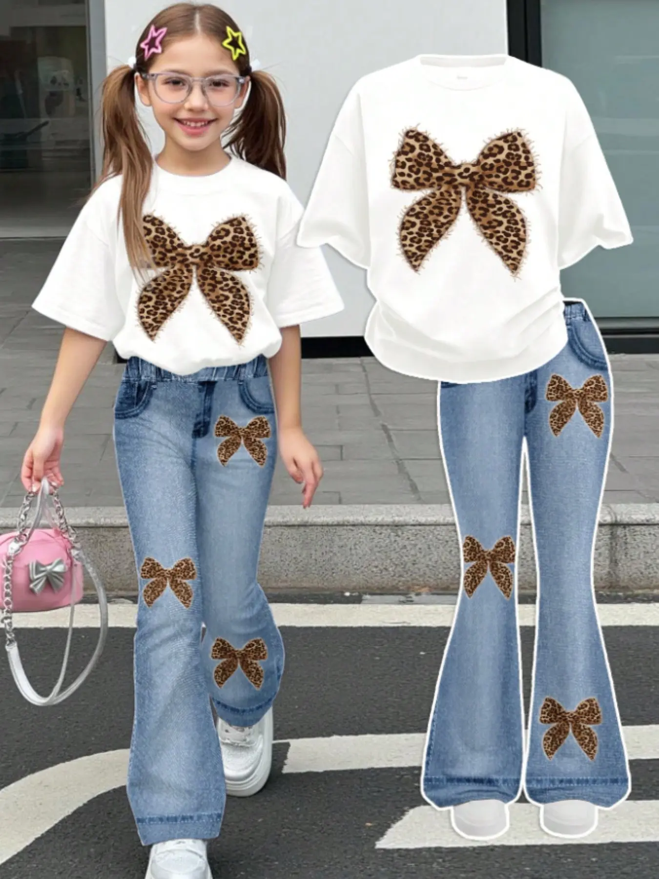 Women's Casual Comfortable Short Sleeve T-Shirt and Bell Bottom Pants Set, Fashion Clothing Set, Outfit, 3D Denim Print, Fitted, All Seasons, Daily Wear, Outdoor Activities, Top, Clothes, Casual Everyday Set