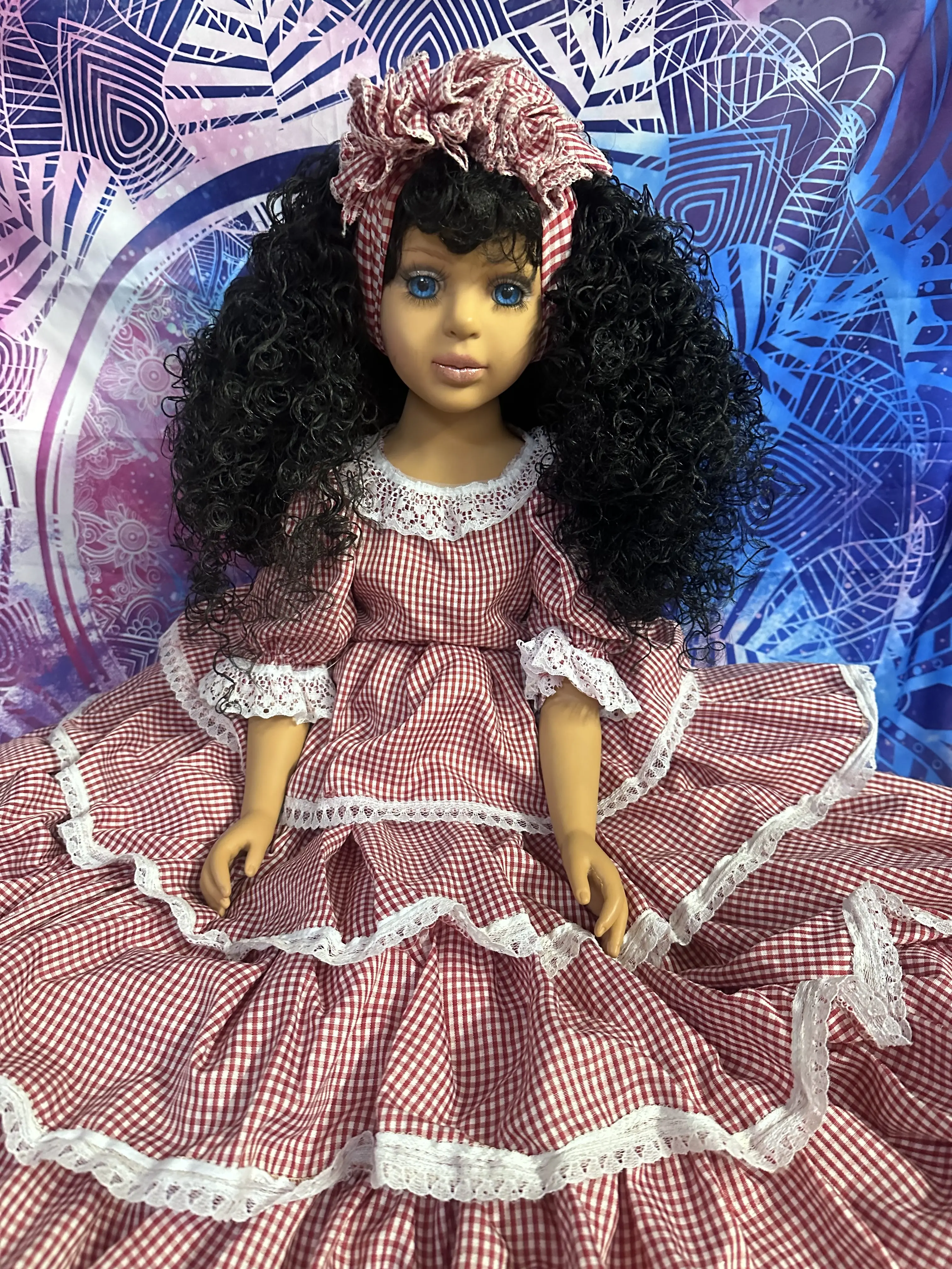 Vintage-Style Doll in Red Gingham Dress