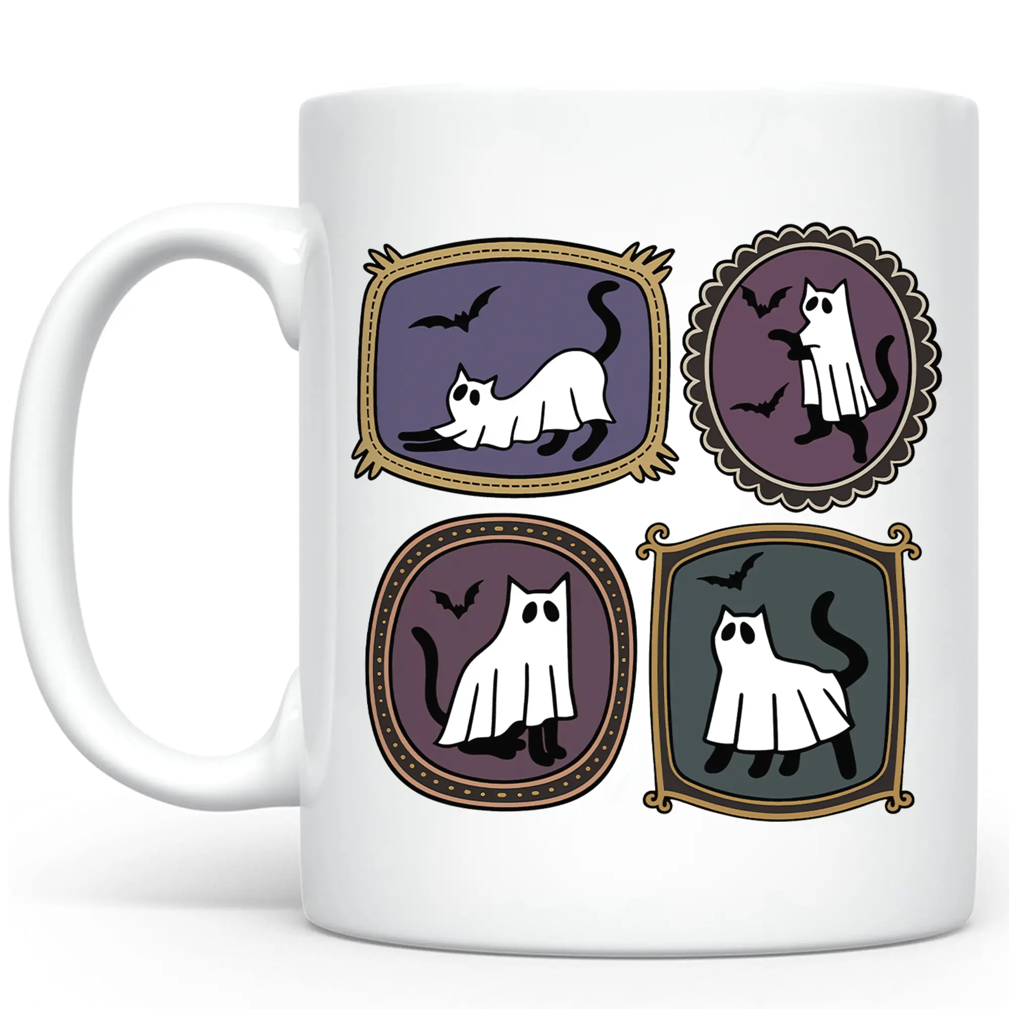 CupiCo Ghost Cats Ceramic Mug, Halloween Cat Ladies Coffee Mug, Spooky Season Cat Mom Tea Cup, Halloween Black Cat Mugs