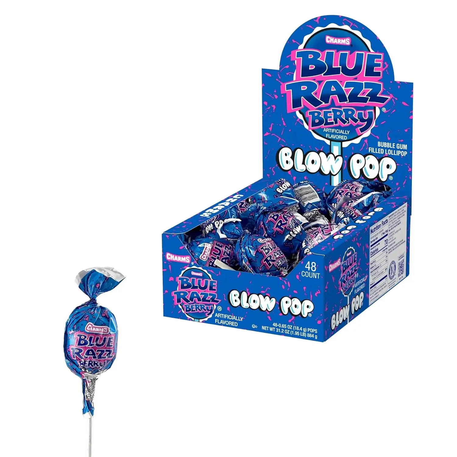 Charms Blow Pops Blue RaspeBerry Lollipops 48 Count – Individually Wrapped Dual Candy & Bubble Gum Suckers, Peanut Free, Gluten Free, Kosher, Bulk Candy Treats for Kids & Adults