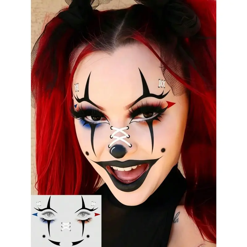 6 Sheets Gothic Clown Face Tattoo Waterproof Halloween Temporary ...