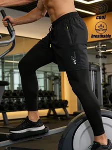 Men's Running Training Pants, Quick-Dry Marathon Tight Long Pants, Indoor Gym & Outdoor Hiking Cycling, 1pcs Fake Two-Piece Design, Athletic Running Pants, Fitness Workout Pants