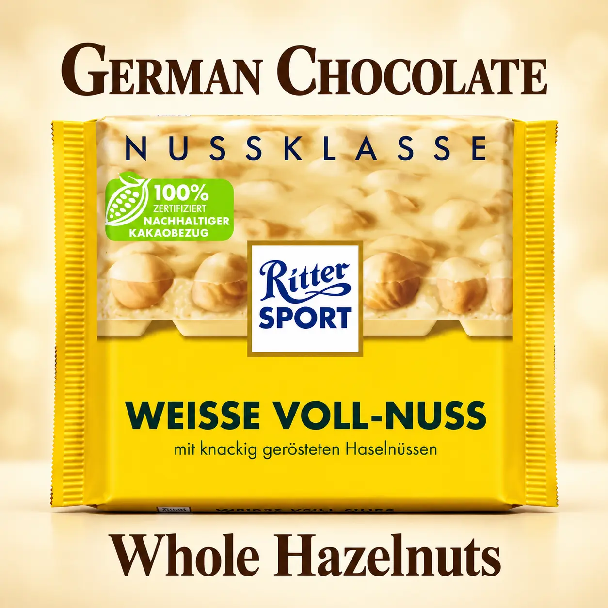 Ritter Sport Crunchy White Chocolate Block with Whole Hazelnuts, 100g, German Imported Chocolate Snack