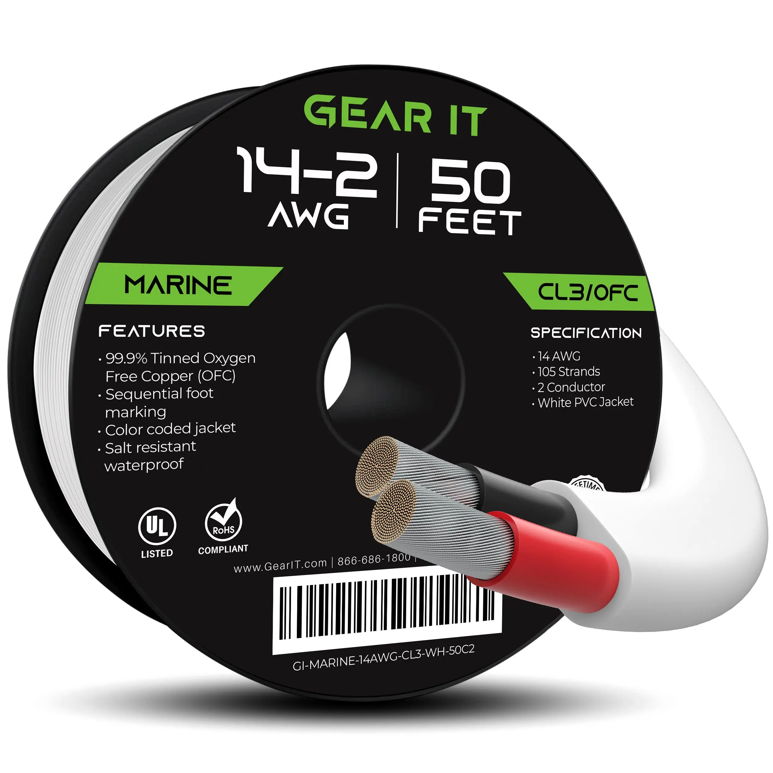 GearIT 14/2 AWG OFC Marine Speaker Cable - Tinned Copper Wire, 50 Feet, UL Listed, Waterproof, Saltwater Resistant, CL3 Rated GearIT 14/2 AWG OFC Marine Speaker Cable - Tinned Copper Wire, 50 Feet, UL Listed, Waterproof, Saltwater Resistant, CL3 Rated