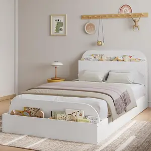 White Twin XL Size Bed Frame with Storage Headboard and Raised Footboard – Wooden Twin-Floor Low Platform Bed for Kids, Heavy Duty & Noise Free, No Box Spring Needed