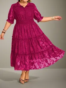 Women's Plus Size Fashion Casual Elegant Chiffon Shirred Dress, Midi Length, Short Sleeve, Loose Fit, All Seasons, Woven Fabric