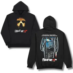 Friday The 13th Jason Hoodie – Horror Movie Sweatshirt Featuring Iconic Mask and Slasher Poster Graphic, Perfect for Halloween, Double sided. Fabric Womenswear