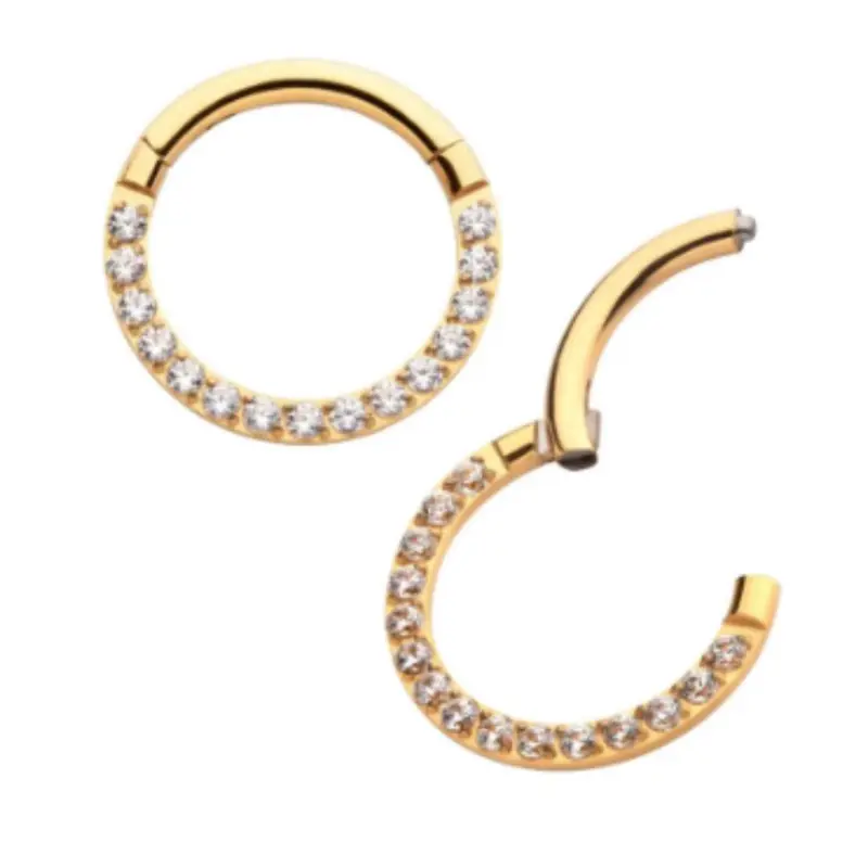 Invictus 16G 24K Gold PVD CZ Front Facing Titanium Hinged Hoop